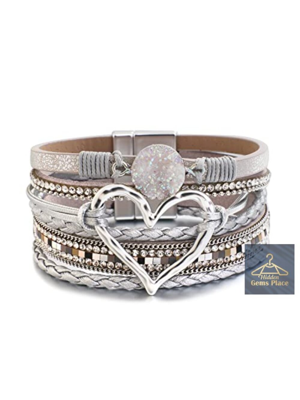 Leather Wrap Bracelet Beaded Cuff with Heart-shape Clasp Boho Jewelry